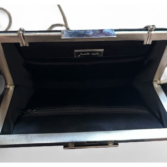 JUDITH LEIBER black satin jeweled clasp clutch bag chain strap handbag Dust Bag - Picture 7 of 12